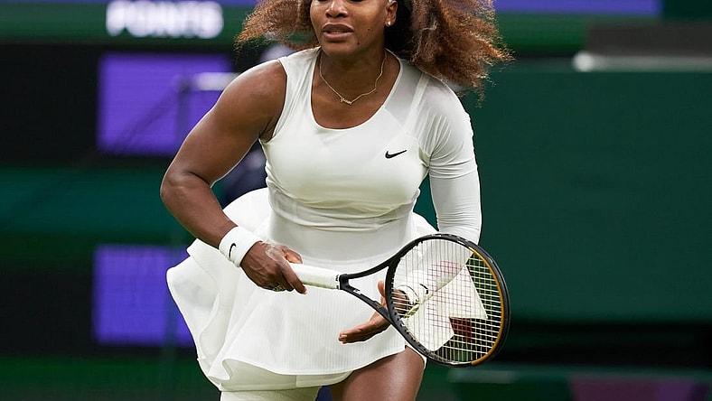 Jun 29, 2021; London, United Kingdom;  Serena Williams (USA) reacts while playing Aliaksandra Sasnovich (BLR) in first round ladies singles on centre court at All England Lawn Tennis and Croquet Club.  Mandatory Credit: Peter Van den Berg-USA TODAY Sports