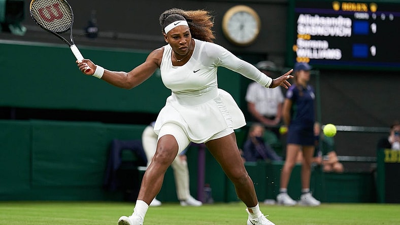 Jun 29, 2021; London, United Kingdom;  Serena Williams (USA) seen playing Aliaksandra Sasnovich (BLR) in first round ladies singles on centre court at All England Lawn Tennis and Croquet Club.  Mandatory Credit: Peter Van den Berg-USA TODAY Sports