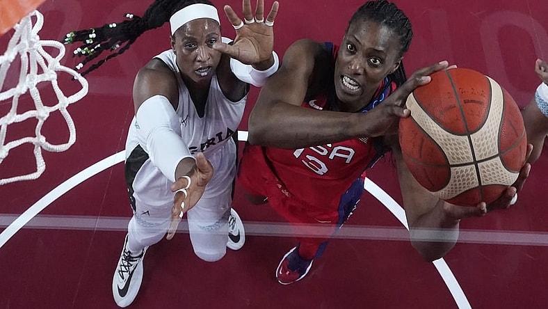 Jul 27, 2021; Saitama, Japan; USA player Sylvia Fowles (13) shoots against Nigeria during the Tokyo 2020 Olympic Summer Games at Saitama Super Arena. Mandatory Credit: Kyle Terada-USA TODAY Sports