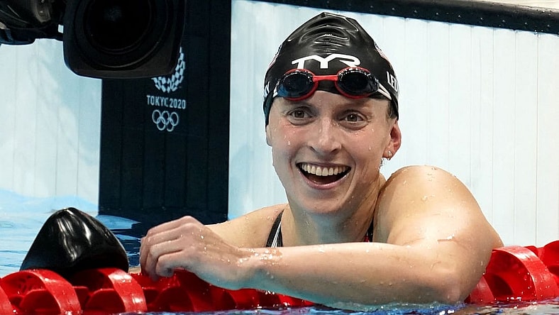 Jul 31, 2021; Tokyo, Japan; Katie Ledecky (USA) reacts after winning the women's 800m freestyle final during the Tokyo 2020 Olympic Summer Games at Tokyo Aquatics Centre. Mandatory Credit: Grace Hollars-USA TODAY Sports