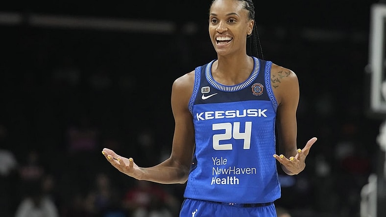 Aug 12, 2021; Phoenix, Arizona, USA; Connecticut Sun guard DeWanna Bonner (24) reacts after a foul call in the first half against the Seattle Storm during the Inaugural WNBA Commissioners Cup Championship Game at Footprint Center. Mandatory Credit: Rick Scuteri-USA TODAY Sports