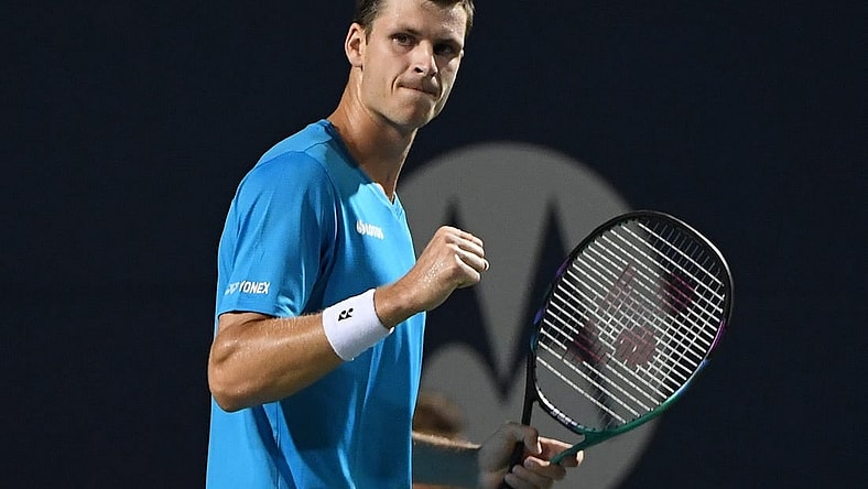 Aug 12, 2021; Toronto, Ontario, Canada;  Hubert Hurkacz of Poland reacts after winning a game against Nikoloz Basilashvili of Georgia during fourth round play in the National Bank Open at Aviva Centre. Mandatory Credit: Dan Hamilton-USA TODAY Sports