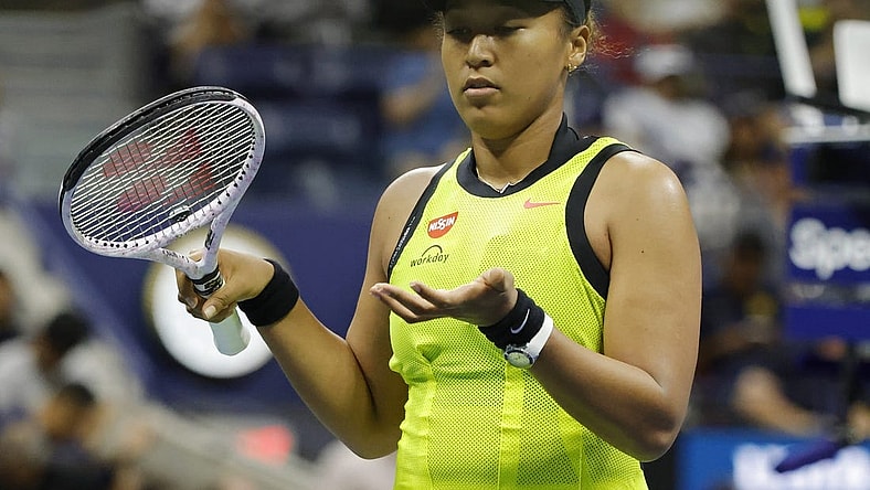 Sep 3, 2021; Flushing, NY, USA; Naomi Osaka of Japan gestures after missing a shot against Leylah Annie Fernandez of Canada (not pictured) on day five of the 2021 U.S. Open tennis tournament at USTA Billie Jean King National Tennis Center. Mandatory Credit: Geoff Burke-USA TODAY Sports