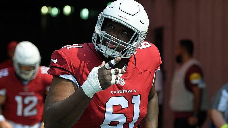 Sep 12, 2021; Nashville, Tennessee, USA;  Arizona Cardinals center Rodney Hudson (61) takes the field during the first half against the Tennessee Titans at Nissan Stadium. Mandatory Credit: Steve Roberts-USA TODAY Sports