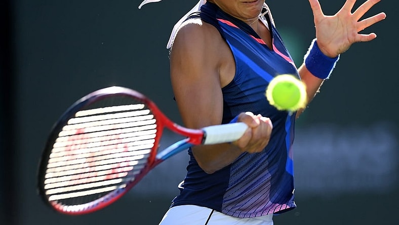 Oct 9, 2021; Indian Wells, CA, USA;  Caroline Garcia (FRA) hits a shot during her second round match against Cori  Coco  Gauff (USA) in the BNP Paribas Open at the Indian Wells Tennis Garden. Mandatory Credit: Jayne Kamin-Oncea-USA TODAY Sports