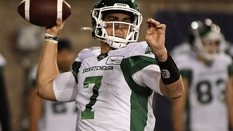 Oct 30, 2021; Montreal, Quebec, CAN; Saskatchewan Roughriders quarterback Cody Fajardo (7) throws a pass against the Montreal Alouettes in the fourth quarter during a Canadian Football League game at Molson Field. Mandatory Credit: Eric Bolte-USA TODAY Sports