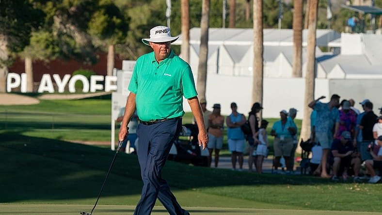 Nov 13, 2021; Phoenix, Arizona, USA; Kirk Triplett lines up a putt on the 18th hole during the third round of the Charles Schwab Cup Championship golf tournament at Phoenix Country Club. Mandatory Credit: Allan Henry-USA TODAY Sports
