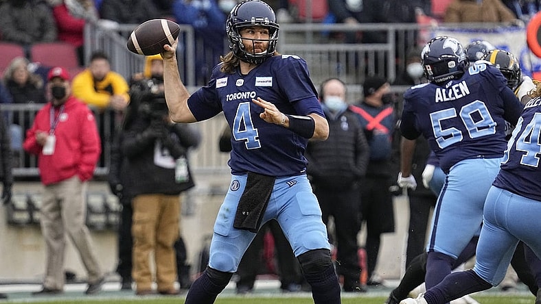 Dec 5, 2021; Toronto, Ontario, CAN; Toronto Argonauts quarterback McLeod Bethel-Thompson (4) throw a pass against the Hamilton Tiger-Cats during the Canadian Football League Eastern Conference Final game at BMO Field. Hamilton defeated Toronto. Mandatory Credit: John E. Sokolowski-USA TODAY Sports