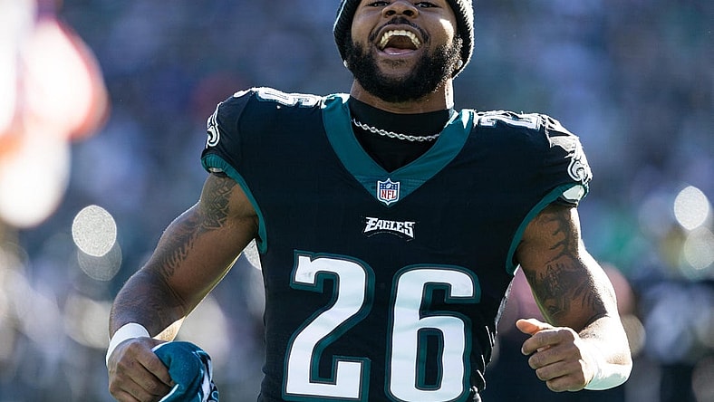 Dec 26, 2021; Philadelphia, Pennsylvania, USA; Philadelphia Eagles running back Miles Sanders (26) reacts as he takes the field before a game against the New York Giants at Lincoln Financial Field. Mandatory Credit: Bill Streicher-USA TODAY Sports