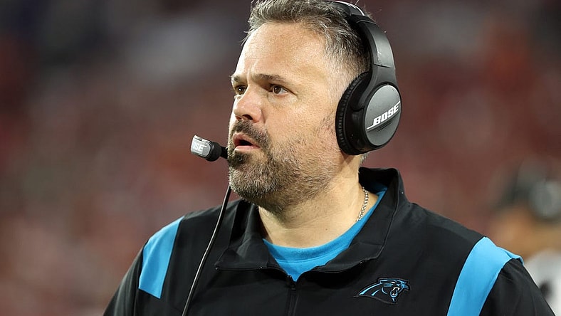 Jan 9, 2022; Tampa, Florida, USA; Carolina Panthers head coach Matt Rhule against the Tampa Bay Buccaneers during the second half at Raymond James Stadium. Mandatory Credit: Kim Klement-USA TODAY Sports