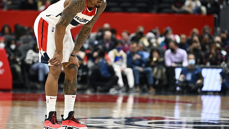 Jan 25, 2022; Washington, District of Columbia, USA; Washington Wizards guard Bradley Beal (3) looks on from the court against the LA Clippers during the first half at Capital One Arena. Mandatory Credit: Brad Mills-USA TODAY Sports