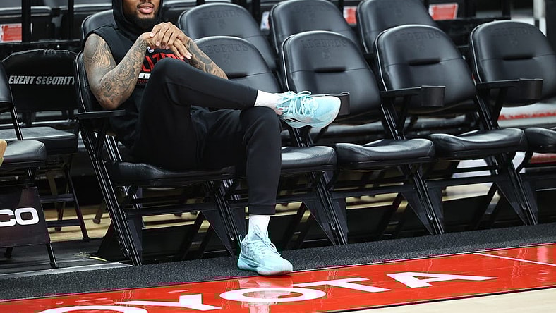 Feb 9, 2022; Portland, Oregon, USA; Portland Trail Blazers guard Damian Lillard (0) during shoot around before Portland plays Los Angeles Lakers at Moda Center. Mandatory Credit: Jaime Valdez-USA TODAY Sports