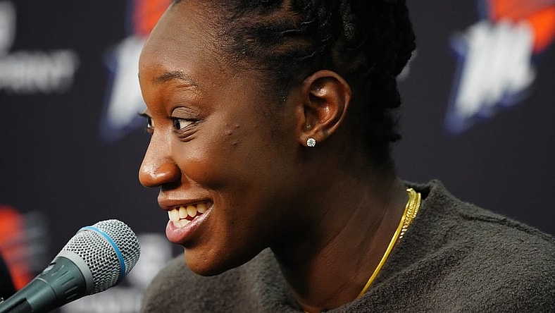 Feb 10, 2022; Phoenix, Arizona, USA; Phoenix Mercury   s Tina Charles speaks at an introductory press conference at Footprint Center. Mandatory Credit: Patrick Breen-The Republic