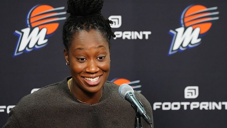 Feb 10, 2022; Phoenix, Arizona, USA; Phoenix Mercury's Tina Charles speaks at an introductory press conference at Footprint Center. Mandatory Credit: Patrick Breen-The Republic