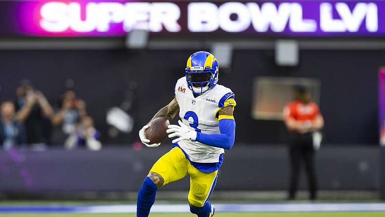 Feb 13, 2022; Inglewood, CA, USA; Los Angeles Rams wide receiver Odell Beckham Jr. (3) against the Cincinnati Bengals during Super Bowl LVI at SoFi Stadium. Mandatory Credit: Mark J. Rebilas-USA TODAY Sports