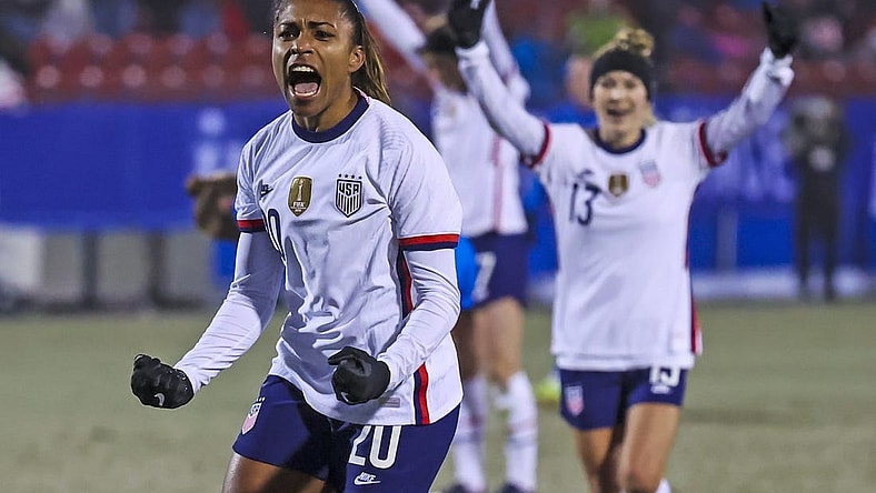Feb 23, 2022; Frisco, Texas, USA; USA midfilder Catarina Macario (20) celebrates her goal scored against Iceland during the first half of the 2022 She Believes Cup international soccer match at Toyota Stadium. Mandatory Credit: Kevin Jairaj-USA TODAY Sports