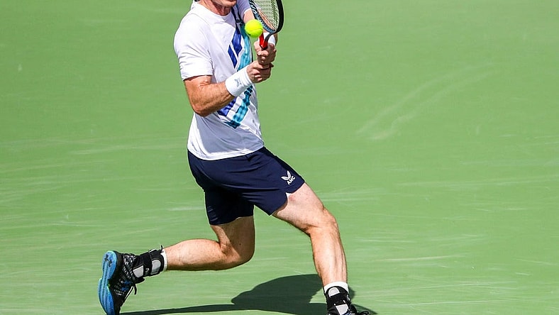 Andy Murray of Great Britain returns to Alexander Bublik of Kazakhstan during round two of the BNP Paribas Open at the Indian Wells Tennis Garden in Indian Wells, Calif., Sunday, March 13, 2022.