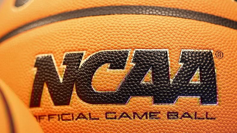 Mar 14, 2022; Dayton, OH, USA; General view of the NCAA logo on a basket ball during practice the day before the start of the First Four of the 2022 NCAA Tournament at UD Arena. Mandatory Credit: Rick Osentoski-USA TODAY Sports