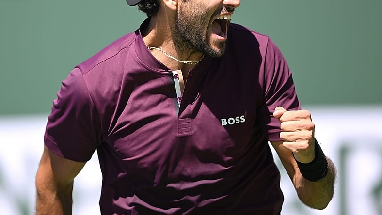 Mar 15, 2022; Indian Wells, CA, USA; Matteo Berrettini (ITA) celebrates as he defeated Lloyd Harris (RSA) in his third round match at the BNP Paribas Open at the Indian Wells Tennis Garden. Mandatory Credit: Jayne Kamin-Oncea-USA TODAY Sports
