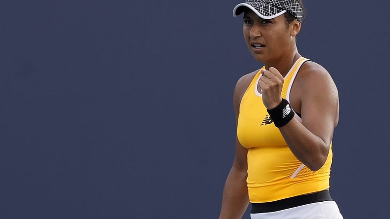 Mar 24, 2022; Miami Gardens, FL, USA; Heather Watson (GBR) reacts after winning a point against Elina Svitolina (UKR) (not pictured) in a second round women's singles match in the Miami Open at Hard Rock Stadium. Mandatory Credit: Geoff Burke-USA TODAY Sports