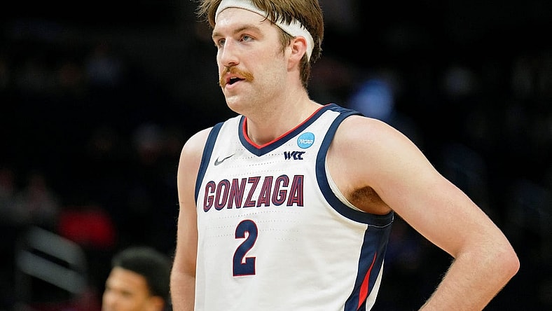 Mar 24, 2022; San Francisco, CA, USA; Gonzaga Bulldogs forward Drew Timme (2) looks on during a break in play against the Arkansas Razorbacks during the first half in the semifinals of the West regional of the men's college basketball NCAA Tournament at Chase Center. Mandatory Credit: Kelley L Cox-USA TODAY Sports