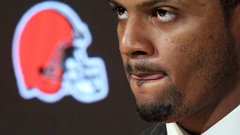 Cleveland Browns quarterback Deshaun Watson listens to questions during his introductory press conference at the Cleveland Browns Training Facility on Friday.

Watsonpress 8