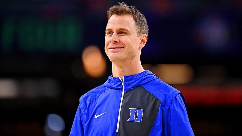 Apr 1, 2022; New Orleans, LA, USA; Duke Blue Devils associate head coach Jon Scheyer watches the team during a practice session before the 2022 NCAA men's basketball tournament Final Four semifinals at Caesars Superdome. Mandatory Credit: Bob Donnan-USA TODAY Sports