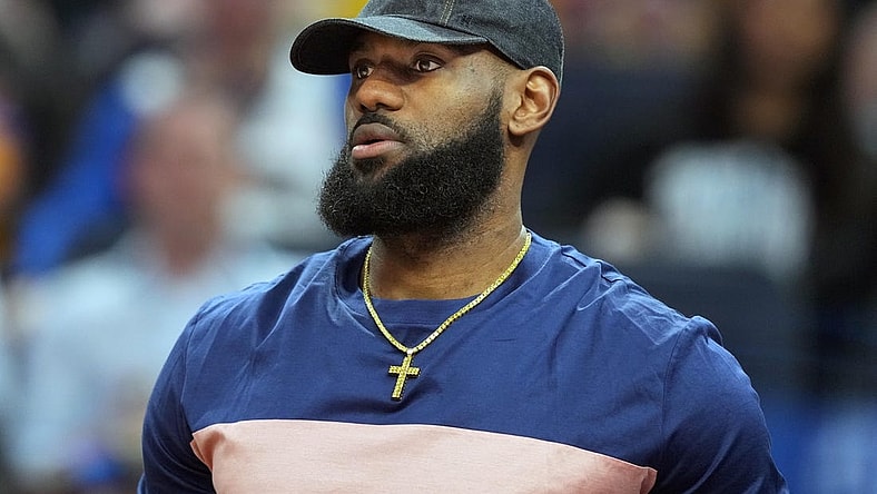 Apr 7, 2022; San Francisco, California, USA; Los Angeles Lakers forward LeBron James (6) looks on from the bench during the first quarter against the Golden State Warriors at Chase Center. Mandatory Credit: Darren Yamashita-USA TODAY Sports