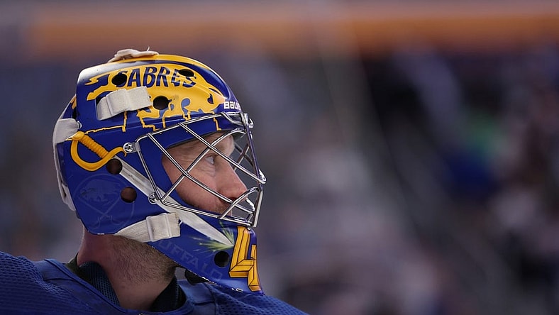 Apr 14, 2022; Buffalo, New York, USA;  Buffalo Sabres goaltender Craig Anderson (41) during a stoppage in play in the first period against the St. Louis Blues at KeyBank Center. Mandatory Credit: Timothy T. Ludwig-USA TODAY Sports