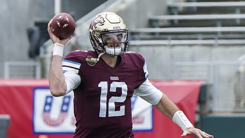 Apr 17, 2022; Birmingham, AL, USA; Michigan Panthers quarterback Paxton Lynch (12) looks to pass against Houston Gamblers at Protective Stadium. Mandatory Credit: Marvin Gentry-USA TODAY Sports