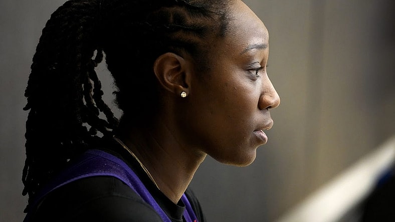 Apr 21, 2022; Phoenix, Arizona, USA; Phoenix Mercury center Tina Charles talks to the press at Verizon 5G Performance Center. Mandatory Credit: Cheryl Evans/The Republic via USA TODAY NETWORK