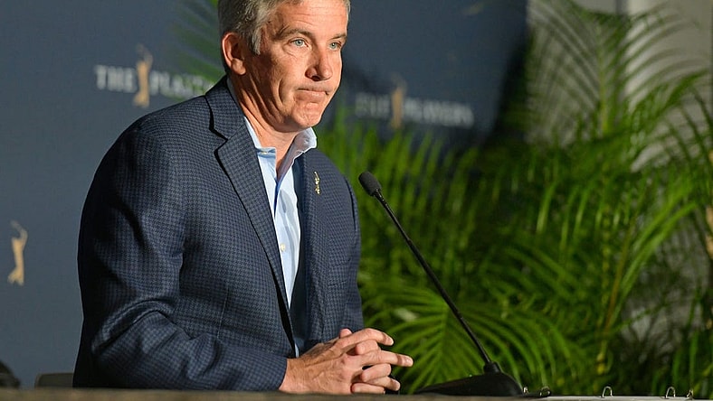 PGA Tour Commissioner Jay Monahan talks about the decision to cancel the last three days of The Players Championship because of the coronavirus during a press conference Friday, March 13, 2020 in Ponte Vedra Beach, Florida. [Will Dickey/Florida Times-Union]

Fljax 031320 2playersfrida