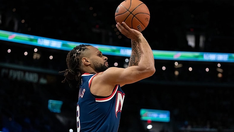 February 19, 2022; Cleveland, OH, USA; Brooklyn Nets guard Patty Mills (8) during the 3-Point Contest during the 2022 NBA All-Star Saturday Night at Rocket Mortgage Field House. Mandatory Credit: Kyle Terada-USA TODAY Sports