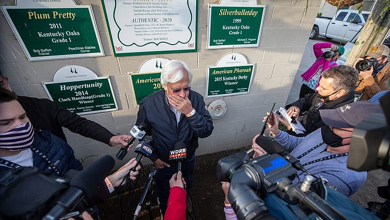 Bob Baffert talks with the media on the morning after winning the Kentucky Derby with Medina Spirit.
 Pat McDonogh/Courier Journal
Medina Spirit's trainer Bob Baffert talks with the media the morning after winning the Kentucky Derby with Medina Spirit. One week later it was announced that the horse tested positive for an abundance of an anti-inflammatory drug following the race. April 26, 2021

Aj4t9233