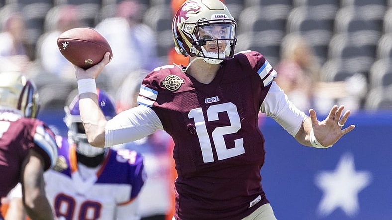 May 1, 2022; Birmingham, AL, USA; Michigan Panthers quarterback Paxton Lynch (12) throws against the Pittsburgh Maulers during the first half at Protective Stadium. Mandatory Credit: Vasha Hunt-USA TODAY Sports