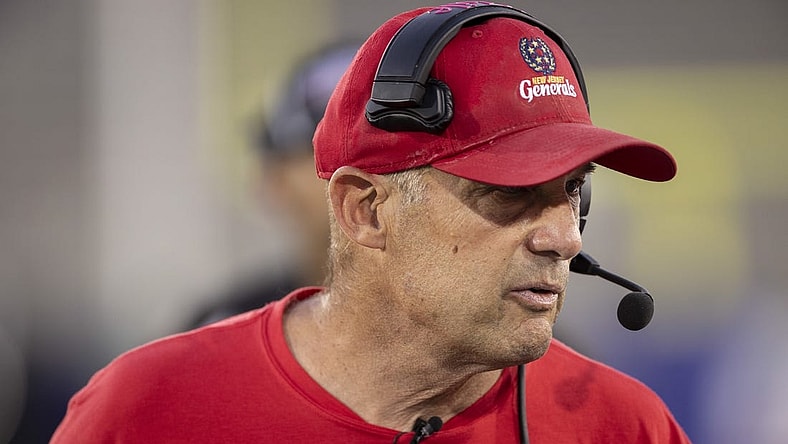 May 1, 2022; Birmingham, AL, USA; New Jersey Generals head coach Mike Riley works with his team during the first half at Protective Park. Mandatory Credit: Vasha Hunt-USA TODAY Sports