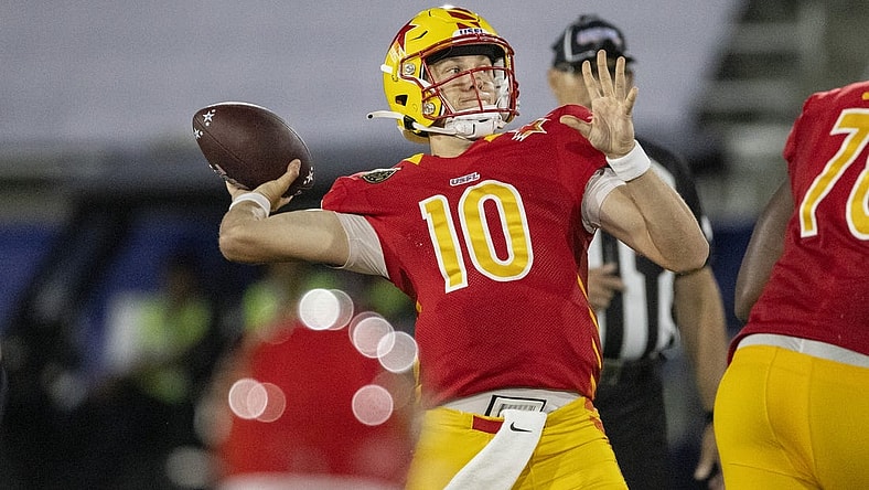 May 1, 2022; Birmingham, AL, USA; Philadelphia Stars quarterback Case Cookus (10) throws a long completion against the New Jersey Generals during the first half at Protective Park. Mandatory Credit: Vasha Hunt-USA TODAY Sports