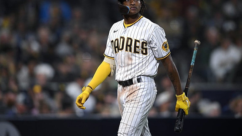 May 6, 2022; San Diego, California, USA; San Diego Padres second baseman C.J. Abrams (77) looks on after striking out during the seventh inning against the Miami Marlins at Petco Park. Mandatory Credit: Orlando Ramirez-USA TODAY Sports