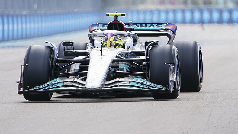 May 8, 2022; Miami Gardens, Florida, USA; Mercedes driver Lewis Hamilton of Britain races on the backstretch during the Miami Grand Prix at Miami International Autodrome. Mandatory Credit: John David Mercer-USA TODAY Sports