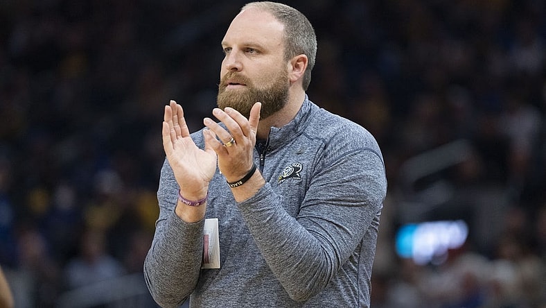 May 9, 2022; San Francisco, California, USA; Memphis Grizzlies head coach Taylor Jenkins claps after the game during the second quarter of game four of the second round for the 2022 NBA playoffs at Chase Center. Mandatory Credit: Kyle Terada-USA TODAY Sports