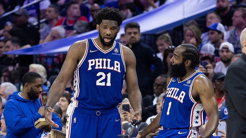 May 12, 2022; Philadelphia, Pennsylvania, USA; Philadelphia 76ers center Joel Embiid (21) and guard James Harden (1) talk during the fourth quarter against the Miami Heat in game six of the second round of the 2022 NBA playoffs at Wells Fargo Center. Mandatory Credit: Bill Streicher-USA TODAY Sports