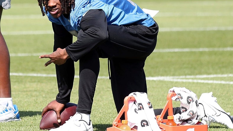 First-round pick Jameson Williams watches drills during Detroit Lions rookie minicamp Saturday, May 14, 2022 at the Allen Park practice facility.

Lionsrr Rook