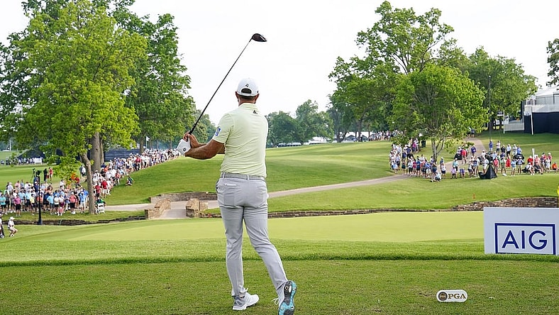 May 20, 2022; Tulsa, OK, USA;  Dustin Johnson plays his shot from the 13th tee during the second round of the PGA Championship golf tournament at Southern Hills Country Club. Mandatory Credit: Michael Madrid-USA TODAY Sports