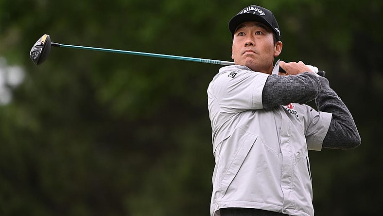 May 21, 2022; Tulsa, OK, USA; Kevin Na hits his tee shot on the 7th hole during the third round of the PGA Championship golf tournament at Southern Hills Country Club. Mandatory Credit: Orlando Ramirez-USA TODAY Sports