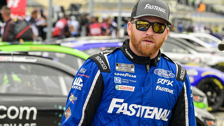 May 21, 2022; Fort Worth, Texas, USA; NASCAR Cup Series driver Chris Buescher (17) during practice for the NASCAR All-Star race at Texas Motor Speedway. Mandatory Credit: Jerome Miron-USA TODAY Sports