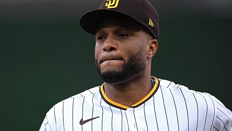 May 23, 2022; San Diego, California, USA; San Diego Padres second baseman Robinson Cano (24) looks on before the game against the Milwaukee Brewers at Petco Park. Mandatory Credit: Orlando Ramirez-USA TODAY Sports