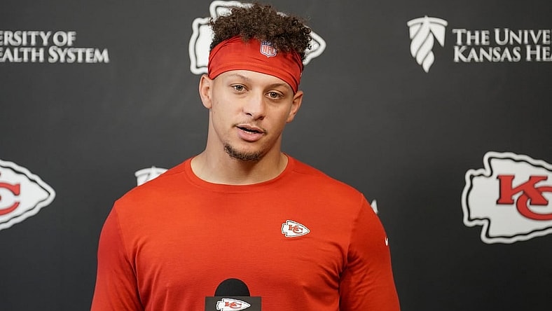 May 26, 2022; Kansas City, MO, USA; Kansas City Chiefs quarterback Patrick Mahomes (15) answers questions from media during organized team activities at The University of Kansas Health System Training Complex. Mandatory Credit: Denny Medley-USA TODAY Sports