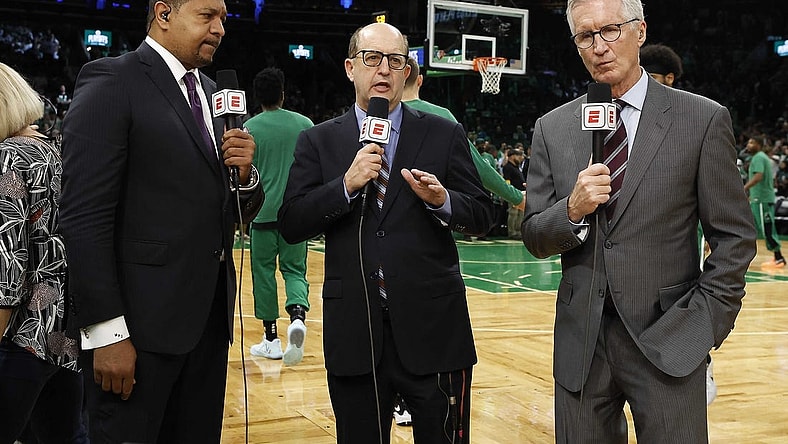 May 27, 2022; Boston, Massachusetts, USA; ESPN broadcasters Mark Jackson, Jeff Van Gundy and Mike Breen before game six of the 2022 eastern conference finals at TD Garden. Mandatory Credit: Winslow Townson-USA TODAY Sports