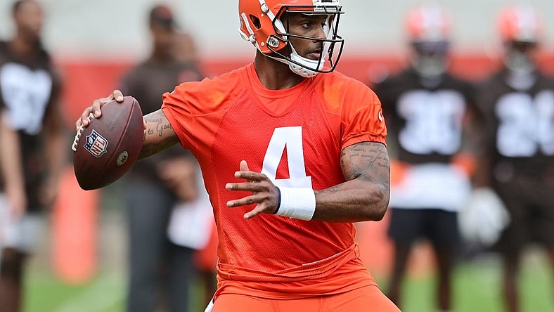 May 25, 2022; Berea, OH, USA; Cleveland Browns quarterback Deshaun Watson (4) throws a pass during organized team activities at CrossCountry Mortgage Campus. Mandatory Credit: Ken Blaze-USA TODAY Sports