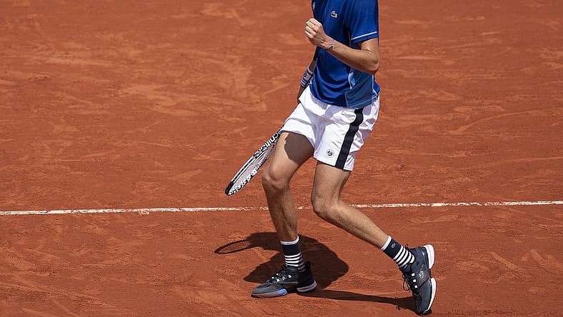 May 28, 2022; Paris, France; Daniil Medvedev reacts to a point  during his match against Miomir Kecmanovic (SRB) on day seven of the French Open at Stade Roland-Garros. Mandatory Credit: Susan Mullane-USA TODAY Sports